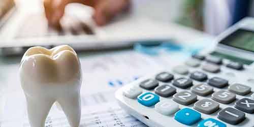 Large model tooth next to a calculator and invoice on a desk